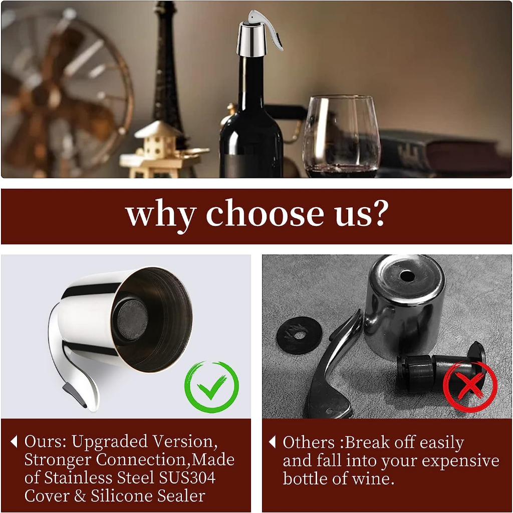Sunwuun® Wine Stopper Stainless Steel จุกขวดไวน์ จุกไวน์สูญญากาศ จุกขวดไวน์สแตนเลส ใช้ซ้ำได้