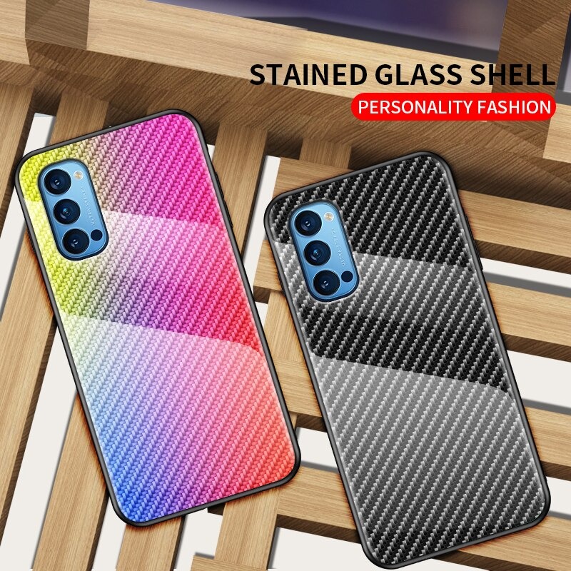 เคส OPPO Reno 4 4G #เคสฝาหลัง Gradient Color ลายคาร์บอนไฟเบอร์ Carbon fiber texture Glass Hybrid Soft Silicone Cover