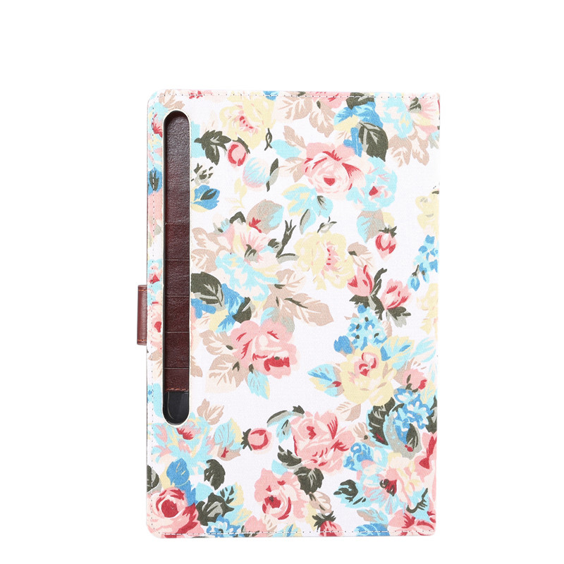 Case Samsung Galaxy Tab S7 11นิ้ว T870 T875 #เคสฝาพับแบบกระเป๋าสตางค์หนัง PU ผิวผ้าลายดอกไม้ Flower Cloth Skin PU Leather Wallet