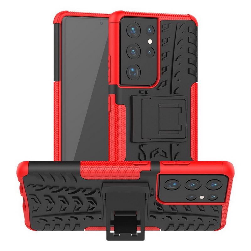 เคส Samsung Galaxy S21 Ultra #เคสฝาหลังกันลื่น Cool Tyre Pattern Kickstand (PC + TPU)