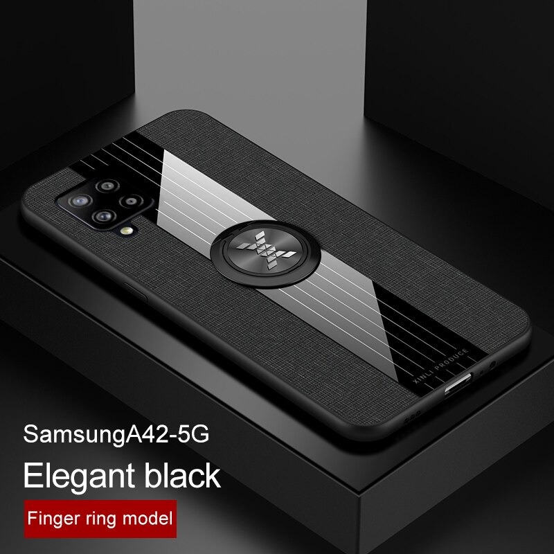 เคส Samsung Galaxy A42 5G #เคสฝาหลังเคลือบผ้าเนื้อมีแหวนสวมนิ้ว TPU ไฮบริด+อะคริลิ + แหวนโลหะ