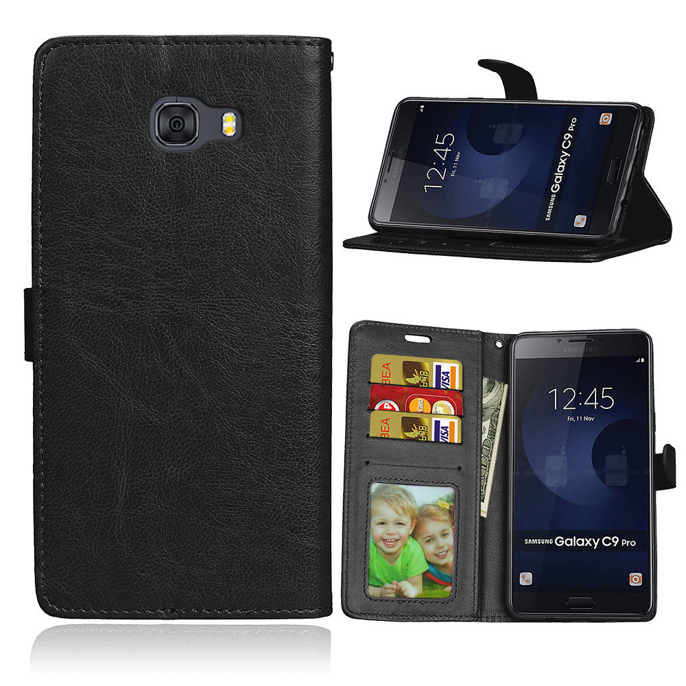 เคส Samsung Galaxy C9 Pro #เคสฝาพับสไตล์กระเป๋าสตางค์ Crazy Horse PU มีช่องใส่บัตร 3 ช่อง #เคสผิวหนังม้า