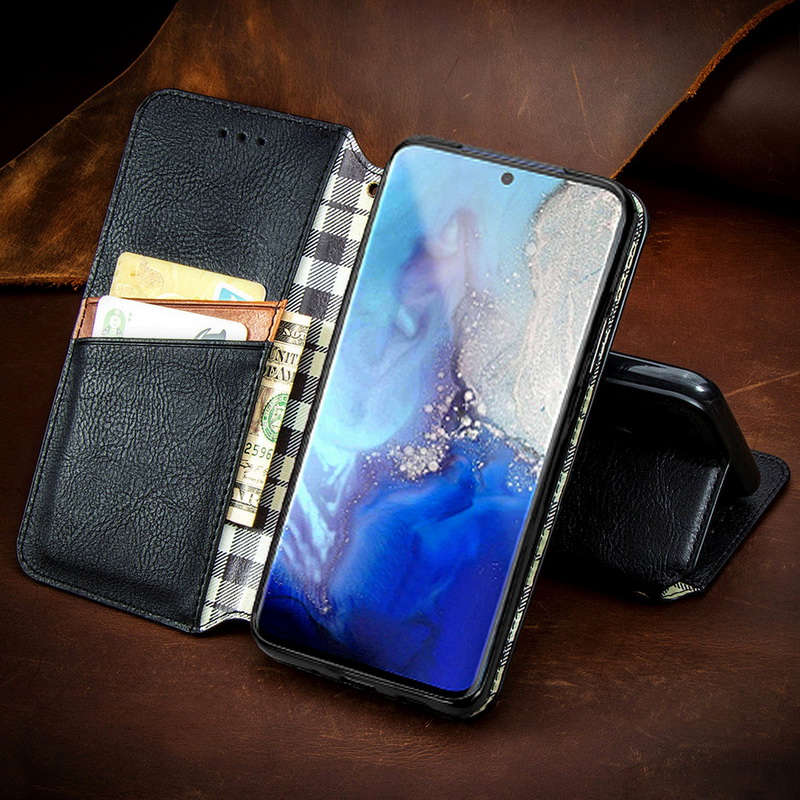 เคส Samsung Galaxy S20 Ultra / S20 Ultra 5G #เคสฝาพับแบบกระเป๋าสตางค์ Magnetic Flip Wallet Bracket Leather Lattice TPU Phone Case