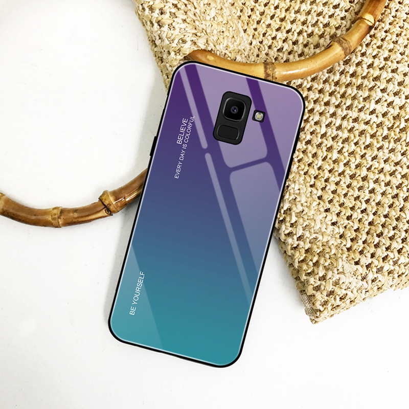 Case Samsung Galaxy A8+ (2018) #เคสฝาหลัง กระจกสีไล่โทนสี Glass + PC + TPU Hybrid Case
