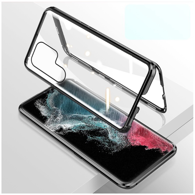 Case Samsung Galaxy S23 Ultra 5G #เคสฝาครอบกระจกประกบหน้าหลังขอบโลหะดูดซับแม่เหล็ก Fully Protection Magnetic Adsorption Glass Metal Phone Protective