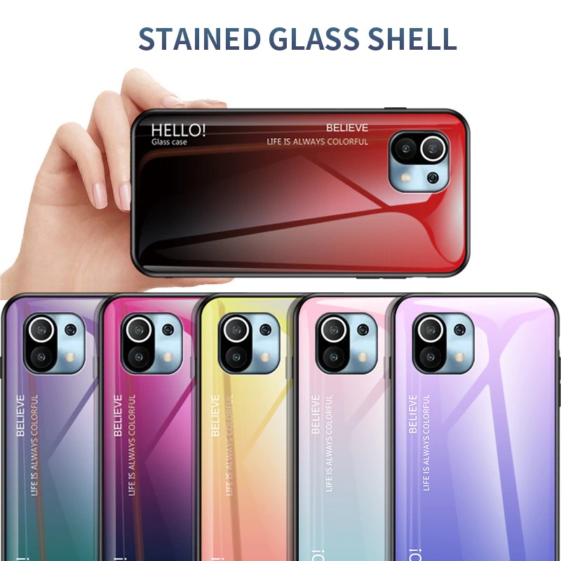 เคส Xiaomi Mi 11 #เคสฝาหลัง Gradient Color Glass + PC + TPU Hybrid Case