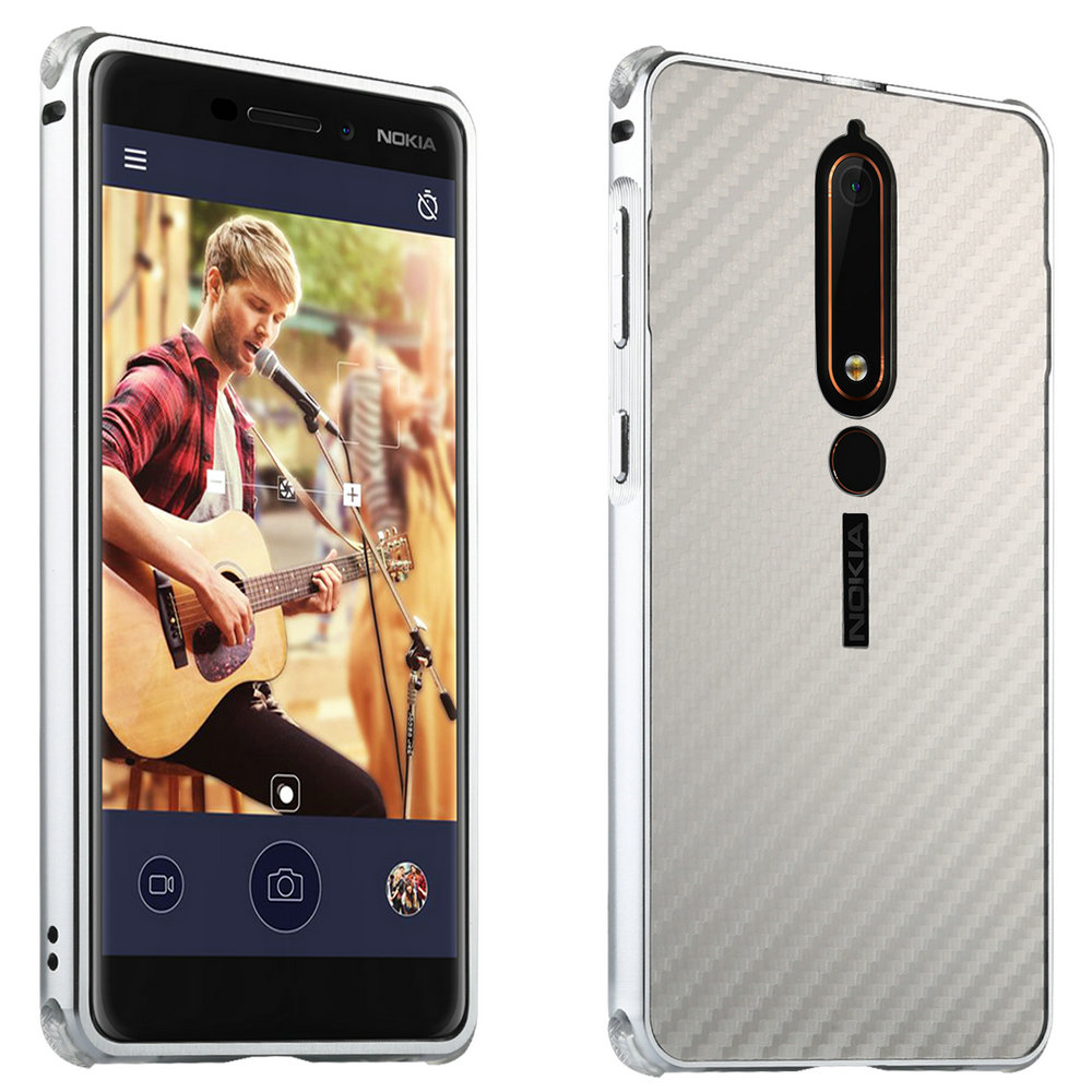 เคส Nokia 6.1 2018 (5.5 นิ้ว) #เคสฝาหลังขอบกันชนโลหะ Electroplated + Carbon Panel แผ่นหลังพลาสติกเลื่อนสไลด์