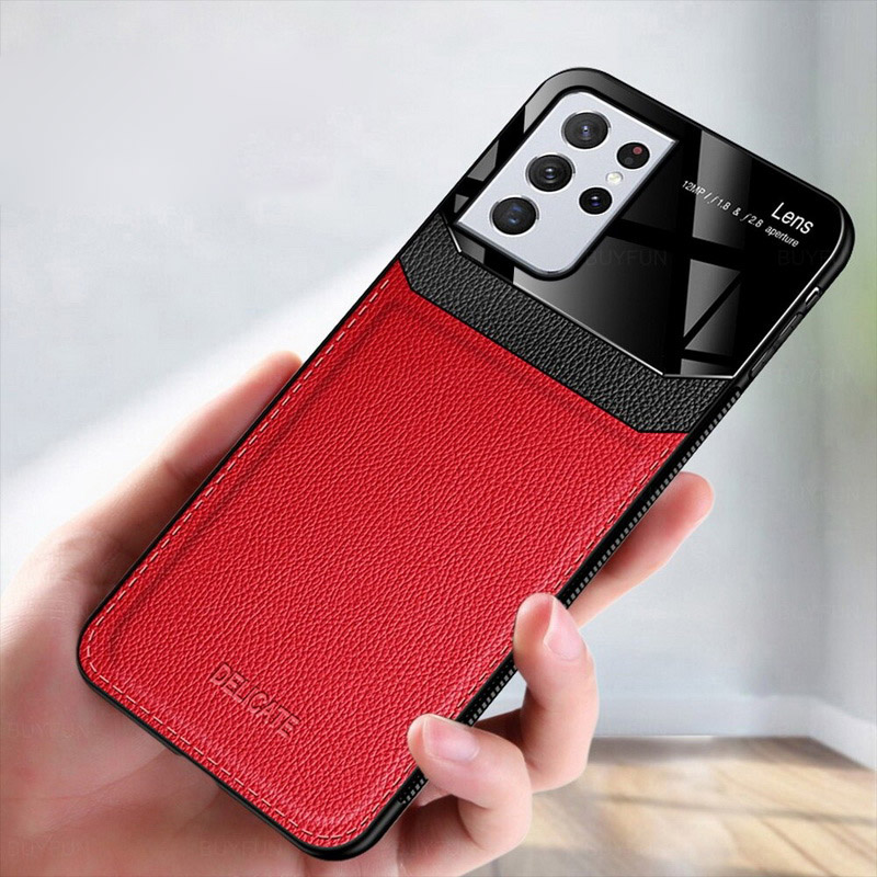 เคส Samsung Galaxy S21 Ultra 5G #เคสฝาหลังไฮบริด PU +TPU + glass สีทูโทน Shockproof Leather Mirror Glass Silicone Phone Back Cover