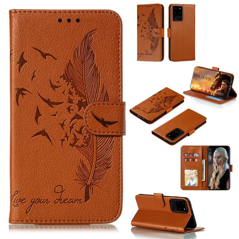 เคส Samsung Galaxy S20 Ultra / S20 Ultra 5G #เคสฝาพับแบบกระเป๋าสตางค์หนัง PU พิมพ์ลายขนนก
