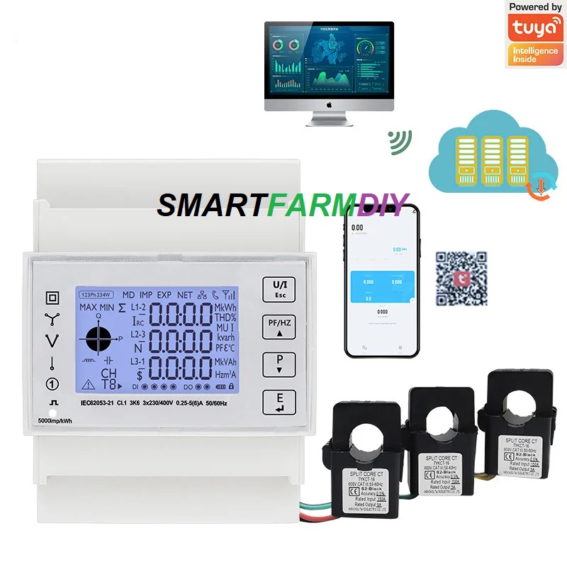 พาวเวอร์มิเตอร์ 3 เฟส Three-phase WIFI multi-function energy meter with current transformer TAC4321CT series ผ่านแอพพลิเคชั่น Tuya
