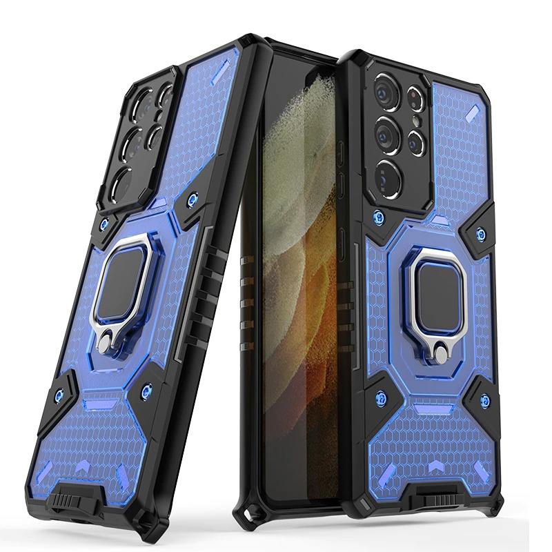 เคส Samsung Galaxy S22 Ultra 5G #เคสฝาหลังกันกระแทกมีแหวนสวมนิ้ว Hybrid Hard PC Soft TPU Bumper Protective Case with 360 Rotation Kickstand