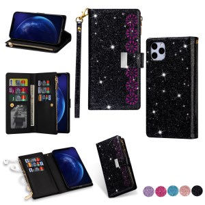 เคส iPhone 12 Pro Max #เคสฝาพับแบบกระเป๋าสตางค์ช่องใส่บัตรหลายช่อง Bling Glitter Case Multi-slot Wallet Zippered Leather พร้อมสายคล้อง