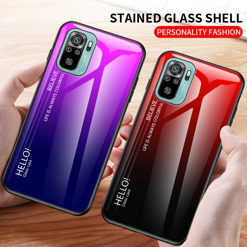 เคส Redmi Note 10S #เคสฝาหลัง Gradient Color Glass + PC + TPU Hybrid Case
