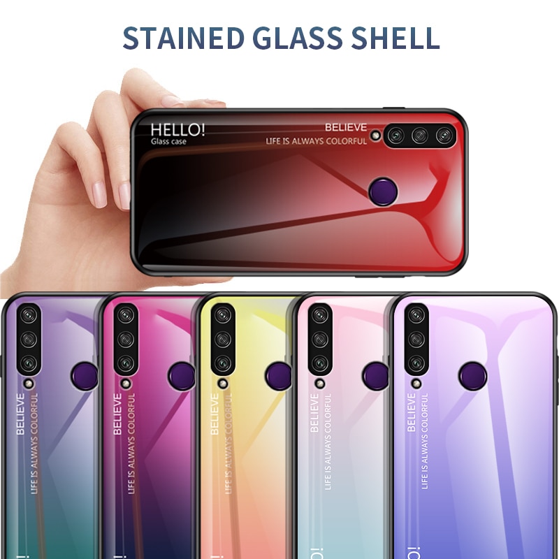 Case Huawei Y7p #เคสฝาหลัง Gradient Color Glass + PC + TPU Hybrid Case