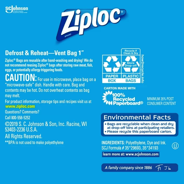 Ziploc® Freezer Bag Pint 20 Count Grip'n Seal ถุงเก็บอาหาร ถุงอเนกประสงค์