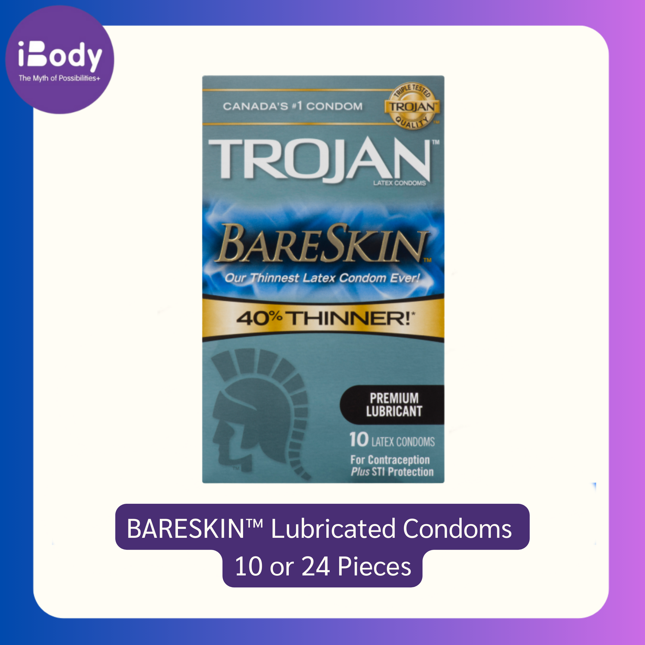 TROJAN® BARESKIN™ Lubricated Condoms 10 or 24 Pieces โทรจัน ถุงยางอนามัย รุ่นบางเฉียบ คอนดอม USA