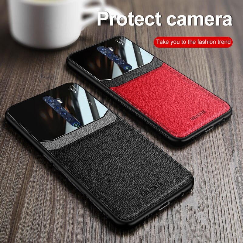 เคส Oppo Reno 2 #เคสฝาหลังไฮบริด PU +TPU + glass สีทูโทน Shockproof Leather Mirror Glass Silicone Phone Back Cover