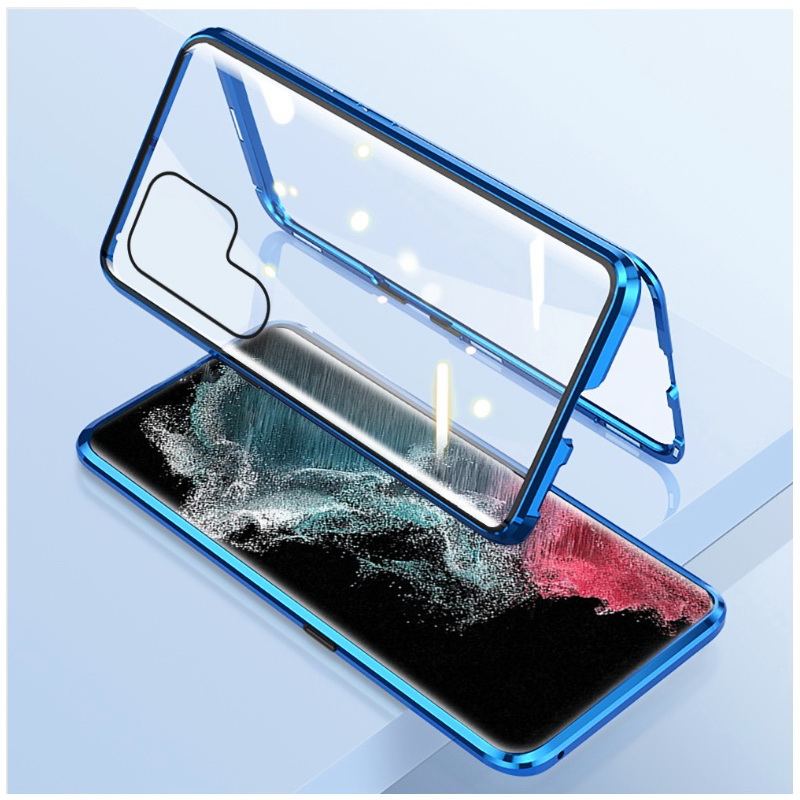 Case Samsung Galaxy S23 Ultra 5G #เคสฝาครอบกระจกประกบหน้าหลังขอบโลหะดูดซับแม่เหล็ก Fully Protection Magnetic Adsorption Glass Metal Phone Protective