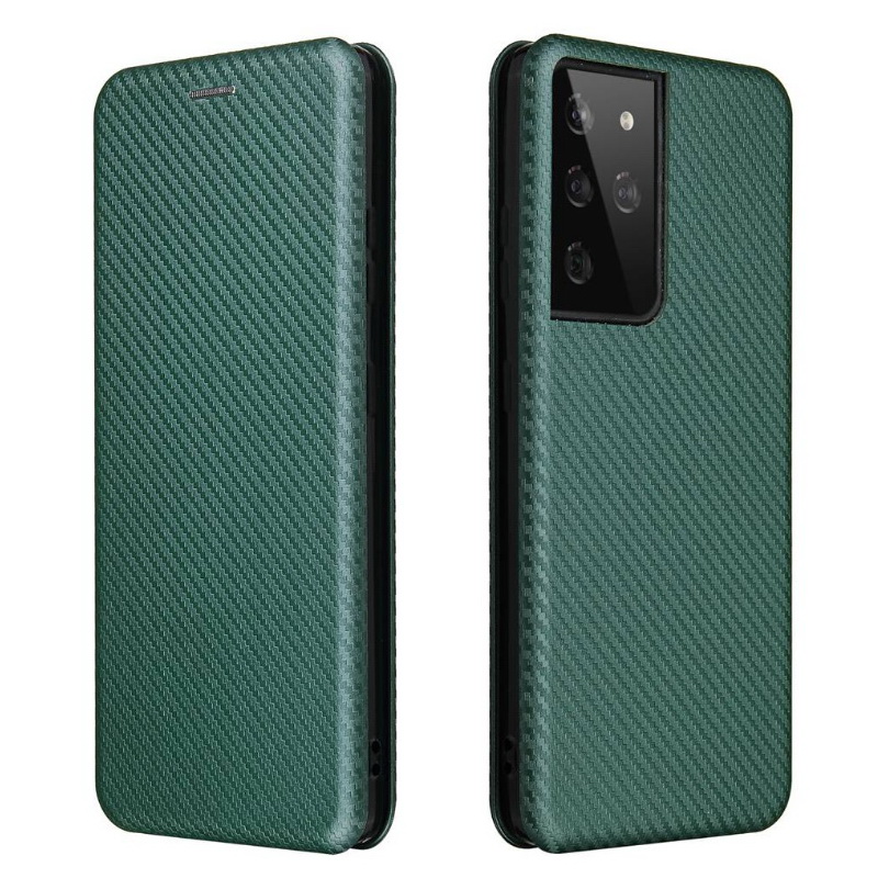 เคส Samsung Galaxy S22 Ultra 5G #เคสฝาพับลายคาร์บอนไฟเบอร์มีช่องใส่การ์ด Carbon Fiber Wallet Card Slot Magnet Stand Phone Cover