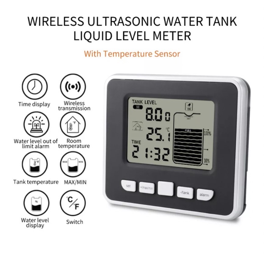 เซนเซอร์วัดความลึกและอุณหภูมิ Wireless Water Tank Liquid Depth Meter Ultrasonic Temperature sensor display, 3.3 inch