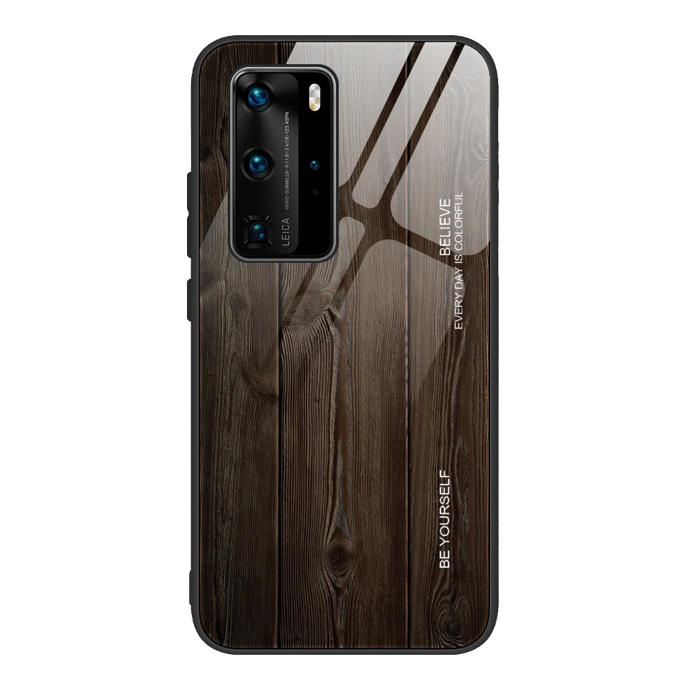 Case Huawei P40 Pro #เคสฝาหลังกระจกลายผิวไม้ Case Hard Tempered glass Wood grain protect Back Cover