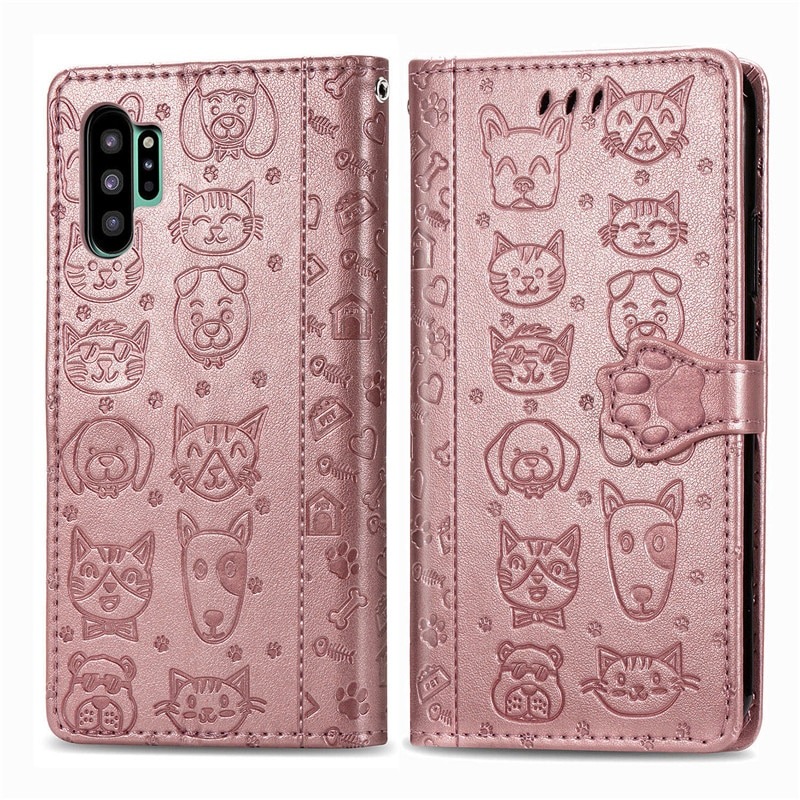 เคส Samsung Galaxy Note 10+ #เคสฝาพับลายการ์ตูนย์แถบปิดแม่เหล็กพับตั้งได้ Cat And Dog Pattern Card Slot Wallet Phone Case