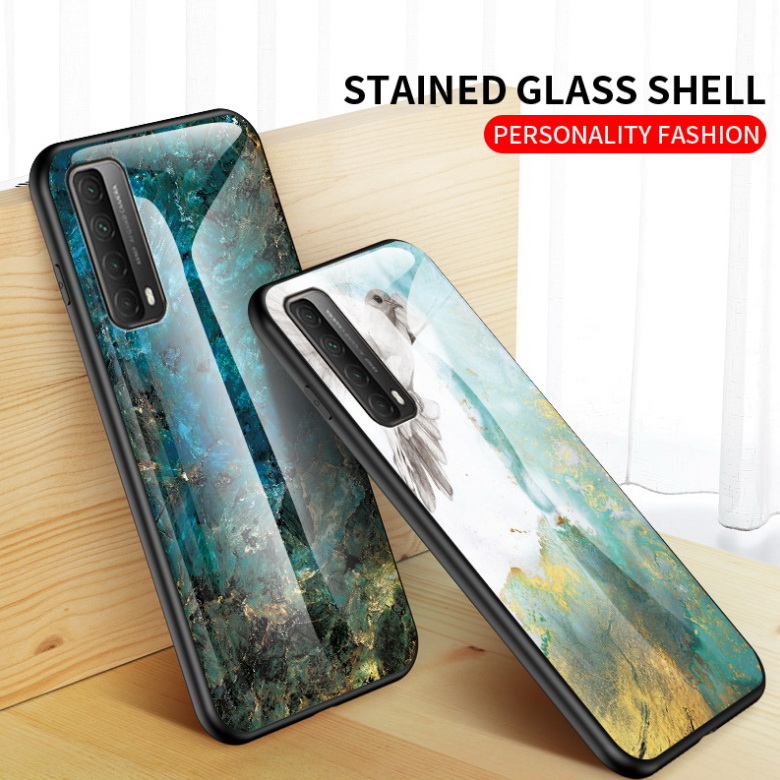 เคส Huawei Y7a #เคสฝาหลัง Gradient Color ลายหินอ่อน Glass + PC + TPU Hybrid Case