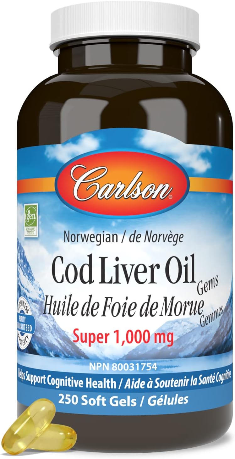 Wild Norwegian Cod Liver Oil Gems, Super 1000 mg*250 Softgels (Carlson Labs) Purity Guaranteed น้ำมันตับปลาจากนอเวย์
