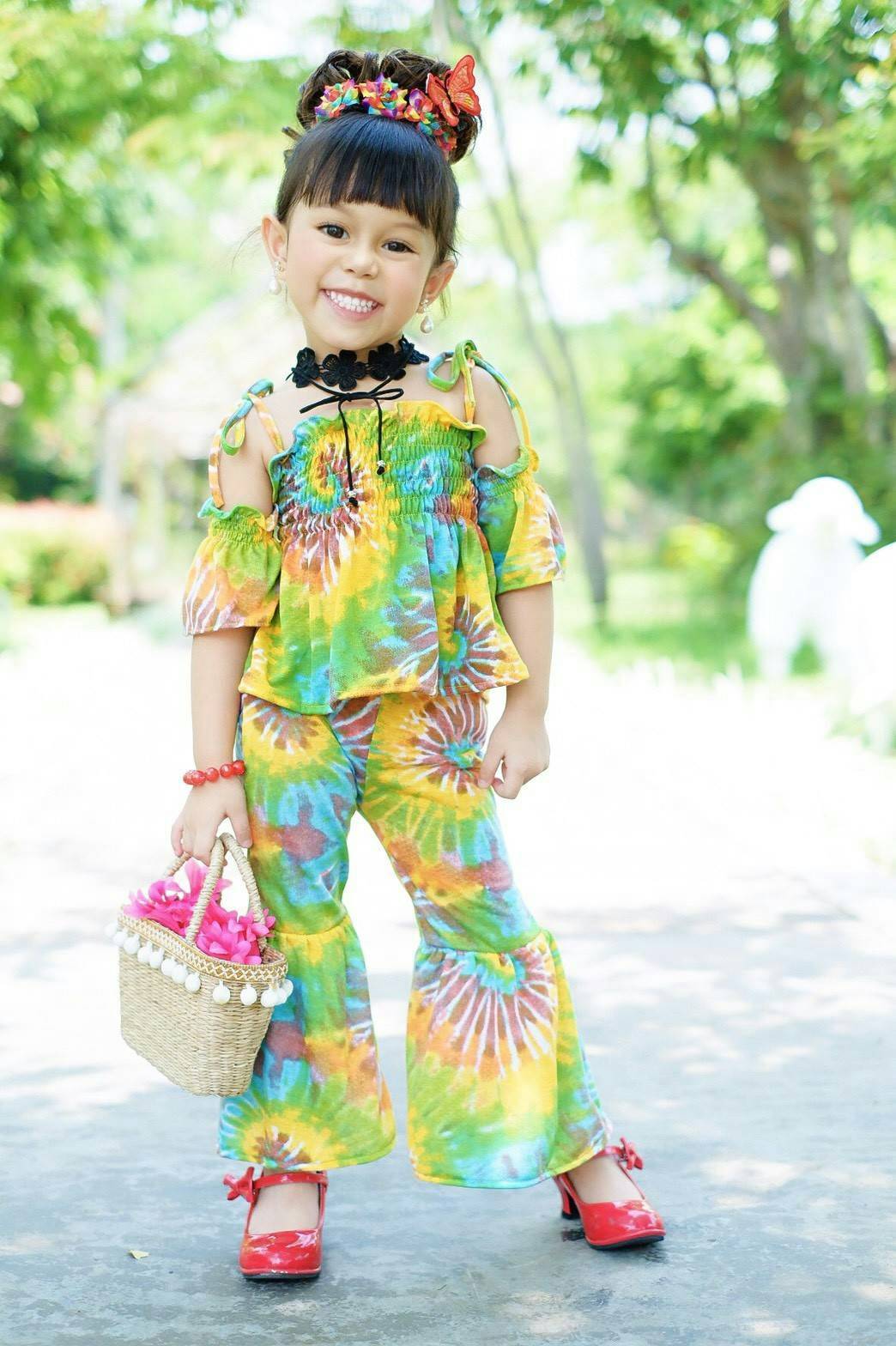ชุดเด็กหญิง setเสื้อกับกางเกงขายาวผ้ามัดย้อม