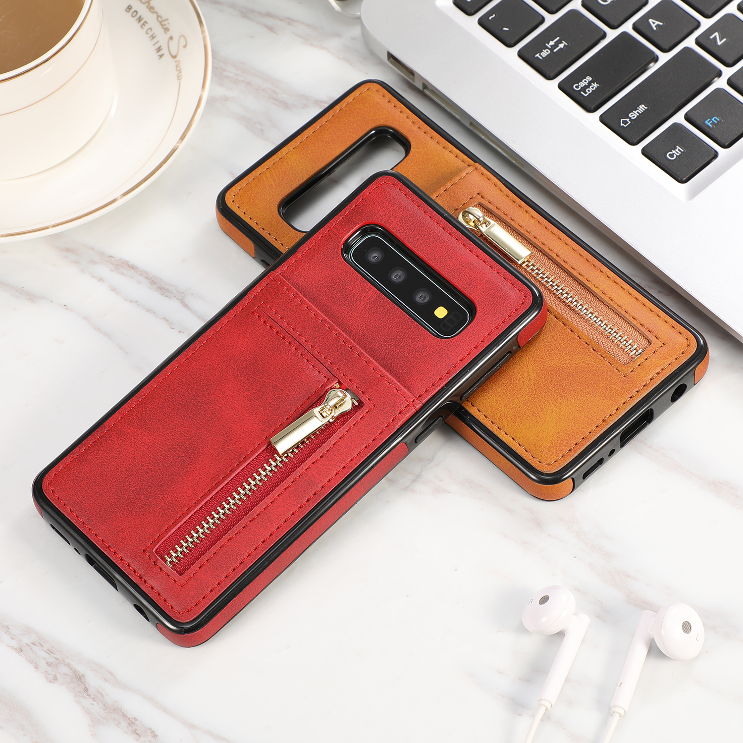 Case Samsung Galaxy S10 #เคสฝาหลังมีช่องใส่บัตรและช่องซิปหนัง PU + เคส TPU