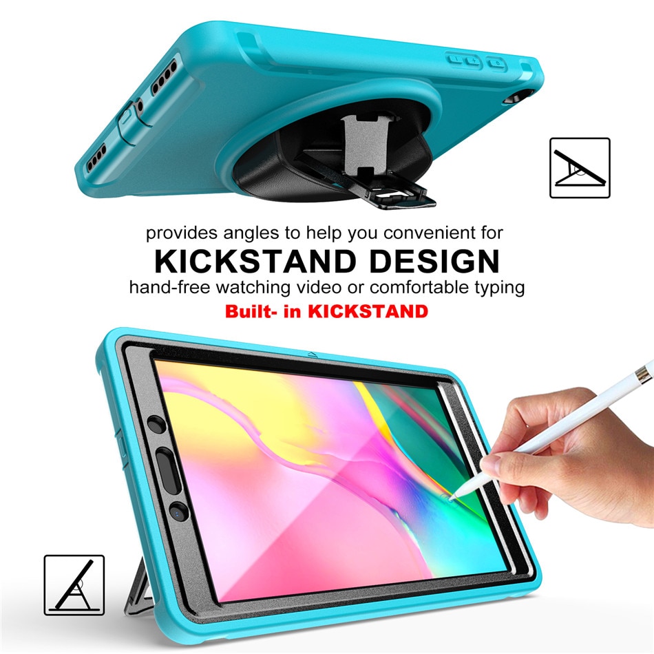 เคส Samsung Galaxy Tab A 8.0 (2019) SM-T290 SM-T295 SM-T297 #เคสฝาหลังพลาสติกมีขาตั้งหมุนได้ 360° Swivel Kickstand PC + TPU Tablet Combo Shell with Hand Strap มีสายรัดมือ