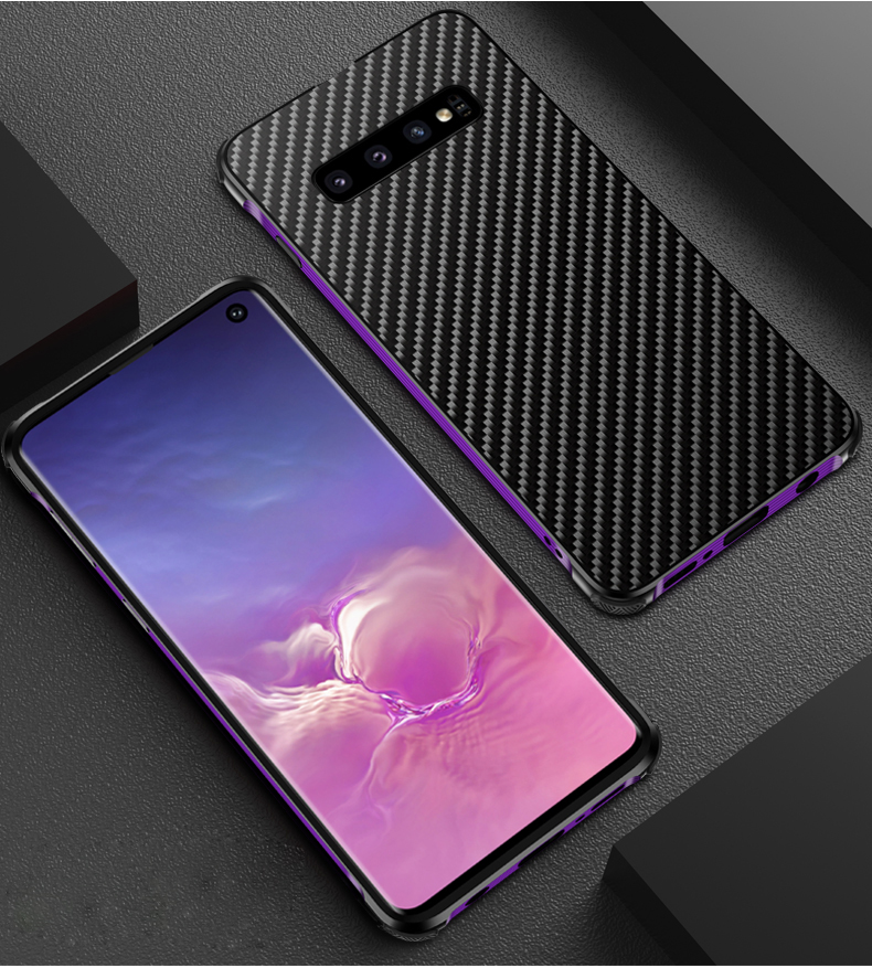 เคส Samsung Galaxy S10 ขอบกันชนอลูมิเนียมอัลลอยด์ชุบ + #เคสฝาหลังพลาสติกลายคาร์บอนไฟเบอร์ Electroplated Aluminum Alloy Bumper + Carbon Fiber PC Back Panel Slide-on
