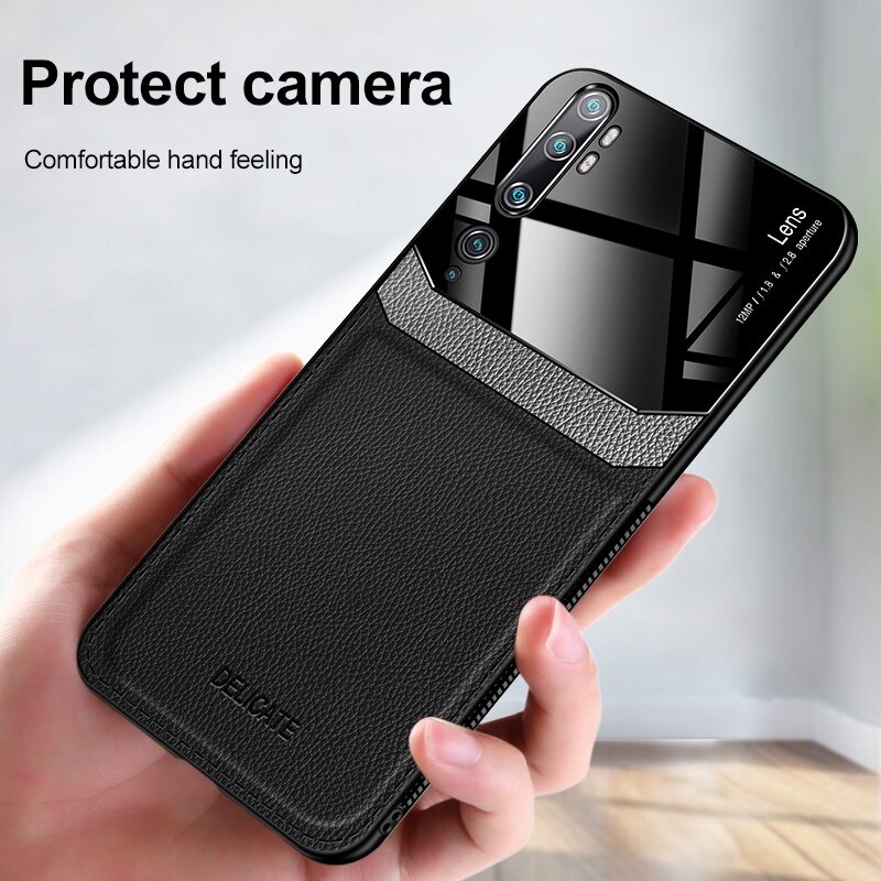 เคส Xiaomi Mi Note 10 Pro #เคสฝาหลังไฮบริด PU +TPU + glass สีทูโทน Shockproof Leather Mirror Glass Silicone Phone Back Cover