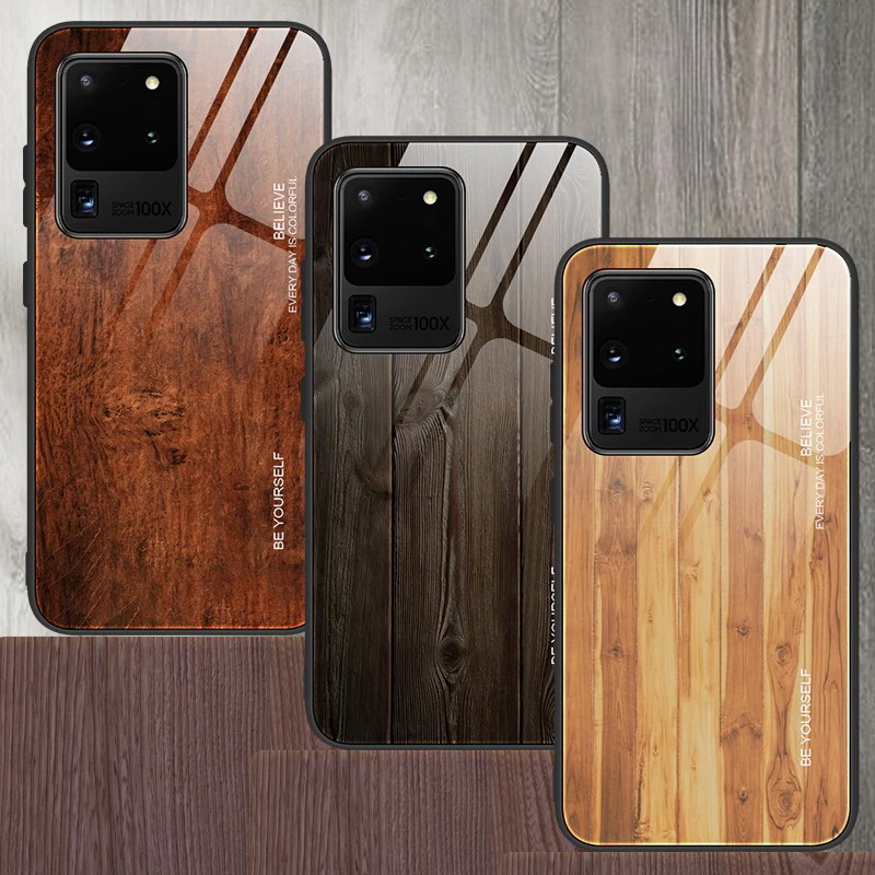 Case Samsung Galaxy S20 Ultra / S20 Ultra 5G #เคสฝาหลังกระจกลายผิวไม้ Case Hard Tempered glass Wood grain protect Back Cover