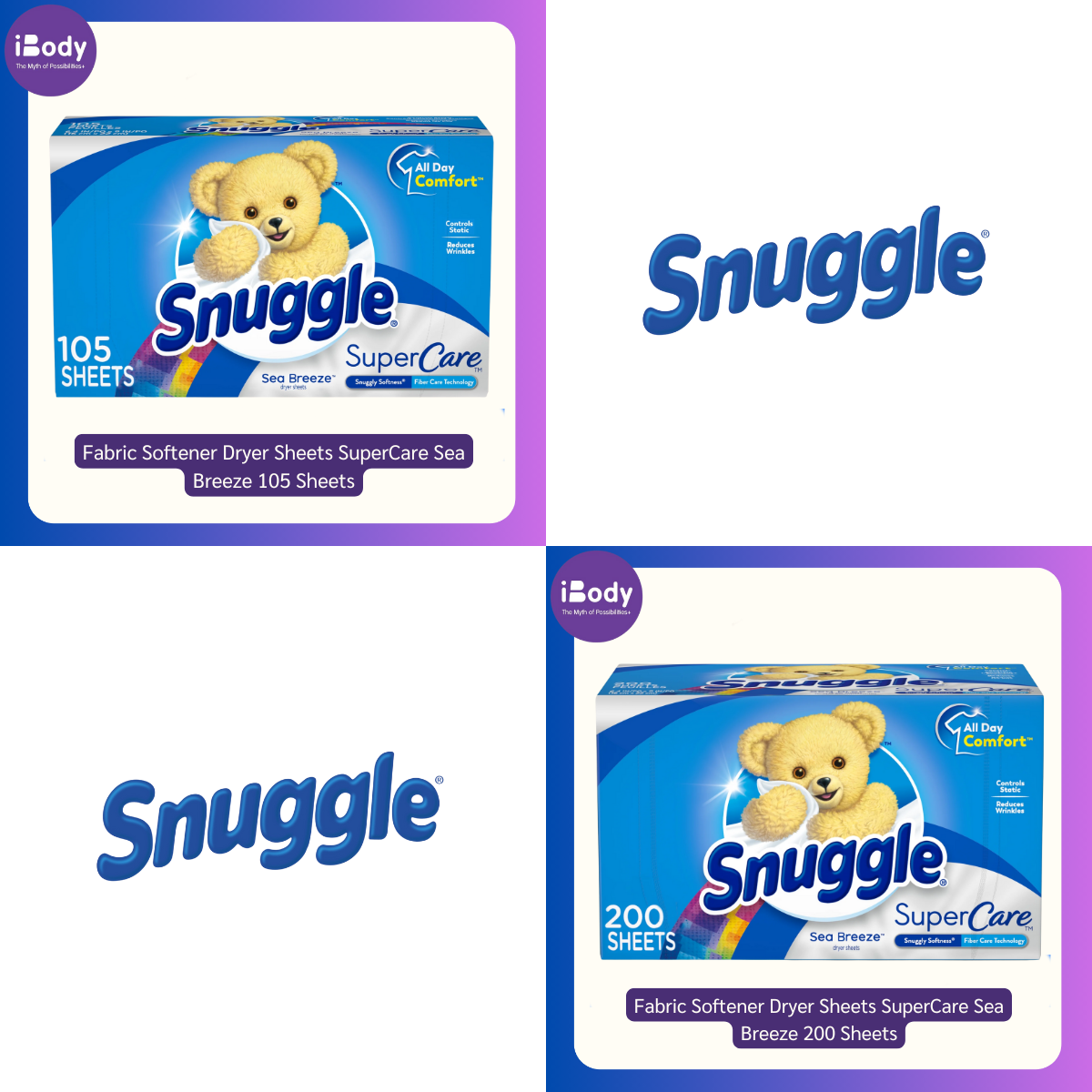 Snuggle® Fabric Softener Dryer Sheets Super Care Sea Breeze 105, 200 Sheets แผ่นอบผ้า กลิ่นซีบรีส