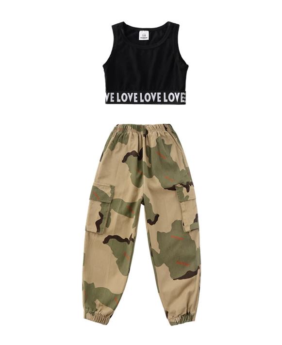 ชุดเต้นเด็ก HipHop เสื้อกับกางเกงลายทหาร