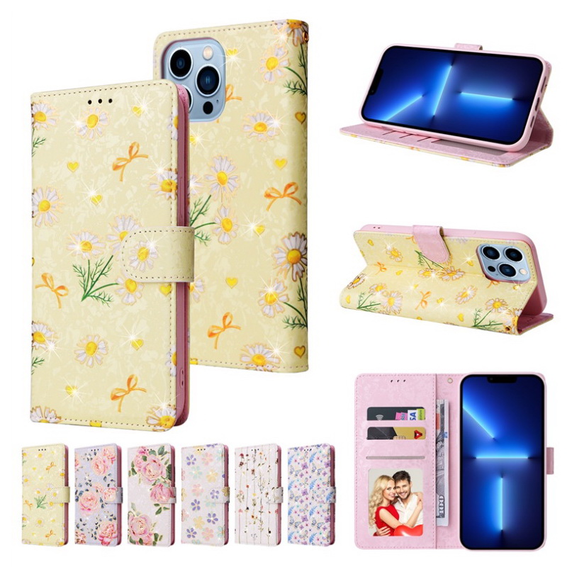 เคส iPhone 13 Pro Max #เคสฝาพับหนัง PU ลายดอกไม้สวยๆ มีช่องใส่บัตร