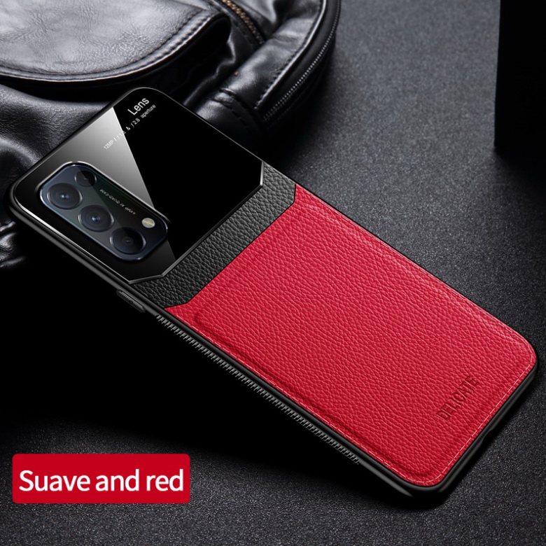 เคส OPPO Reno 5 Pro 5G #เคสฝาหลังไฮบริด PU +TPU + glass สีทูโทน Shockproof Leather Mirror Glass Silicone Phone Back Cover