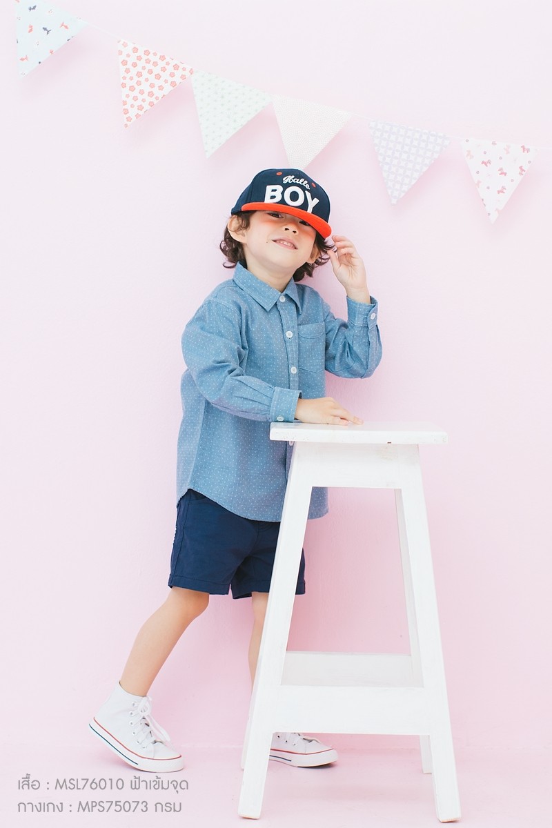เสื้อเชิ้ตแขนยาวสีฟ้าลายจุด เด็ก 1 ถึง 4 ขวบ