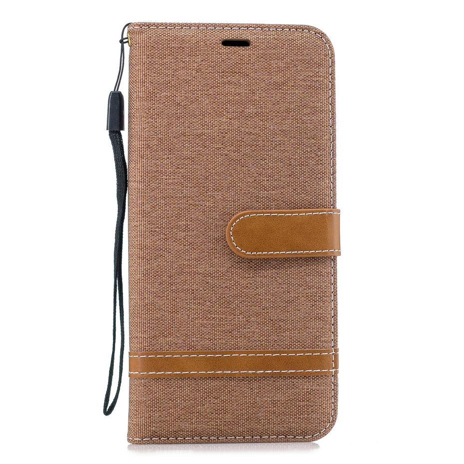 Case Samsung Galaxy J4+ #เคสฝาพับหนัง PU พร้อมสายคล้องมือ สีสันสดใส Splicing Jean Cloth PU Leather