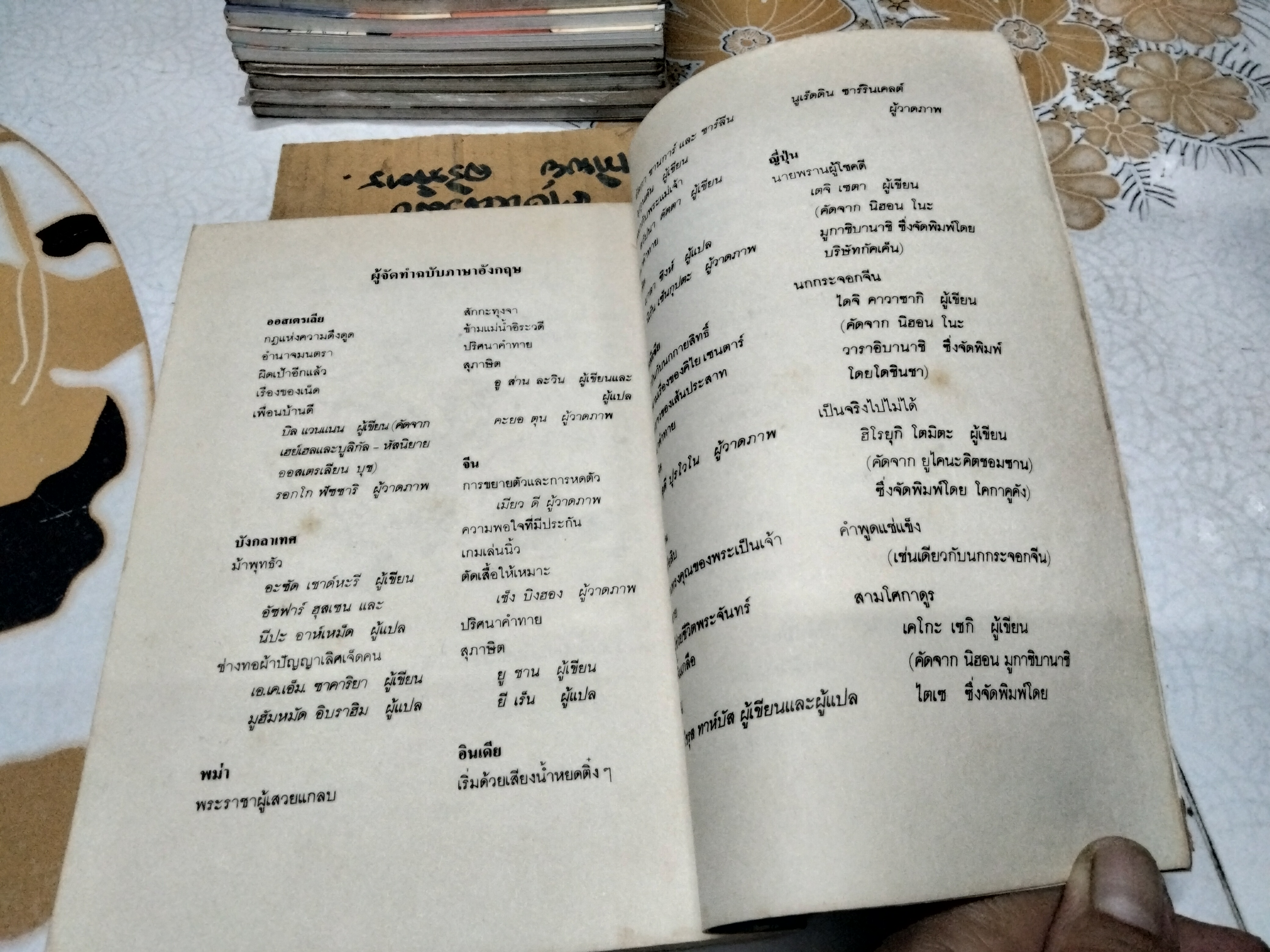 มาหัวเราะกันเถิด - นิทาน ปริศนาคำทาย และ สุภาษิตจากเอเชียนและแปซิฟิก แปลโดย ท่านผู้หญิง สมโรจน์ สวัสดิกุล ณ อยุธยา ,ตรวจทาน โดย นางวัลลีย์ ปราสาททองโอสถ พิมพ์ปี พ.ศ.2532