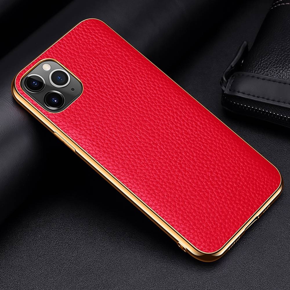Case iPhone 14 plus #เคสฝาหลังหนังแท้ผิวลิ้นจี่ขอบเงา Luxury genuine leather case with plated ed