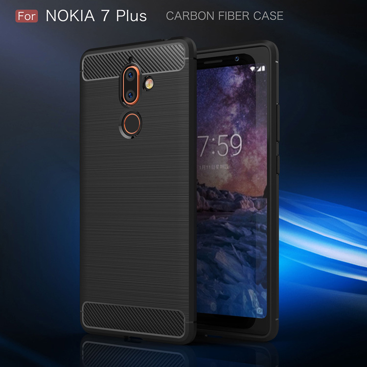 เคส Nokia 7 plus #เคสฝาหลังตกแต่งคาร์บอนไฟเบอร์ ผิวขัดแปรง Brushered TPU Back Case