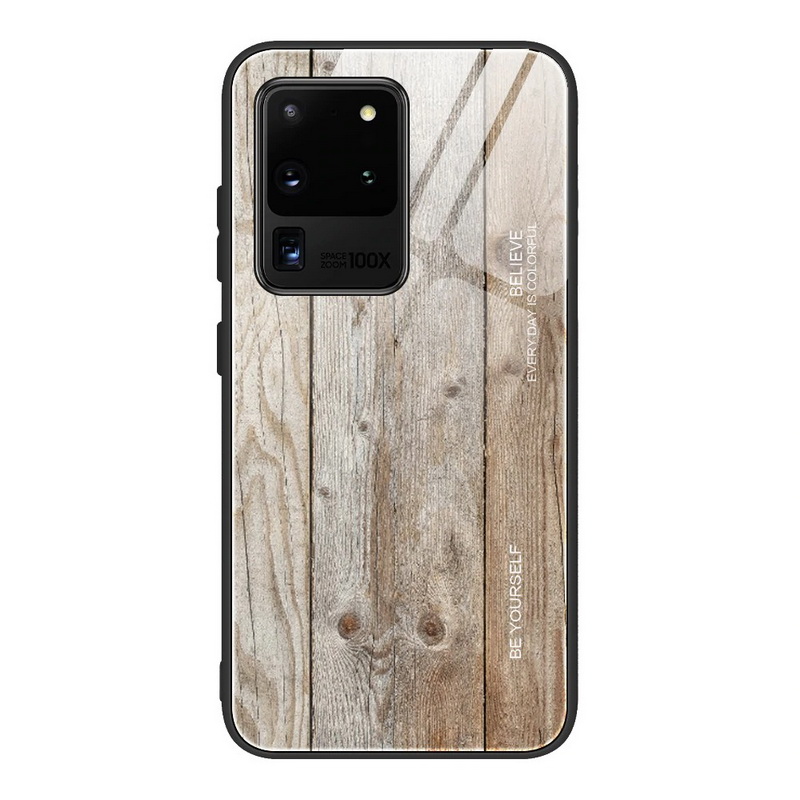 Case Samsung Galaxy S20 Ultra / S20 Ultra 5G #เคสฝาหลังกระจกลายผิวไม้ Case Hard Tempered glass Wood grain protect Back Cover
