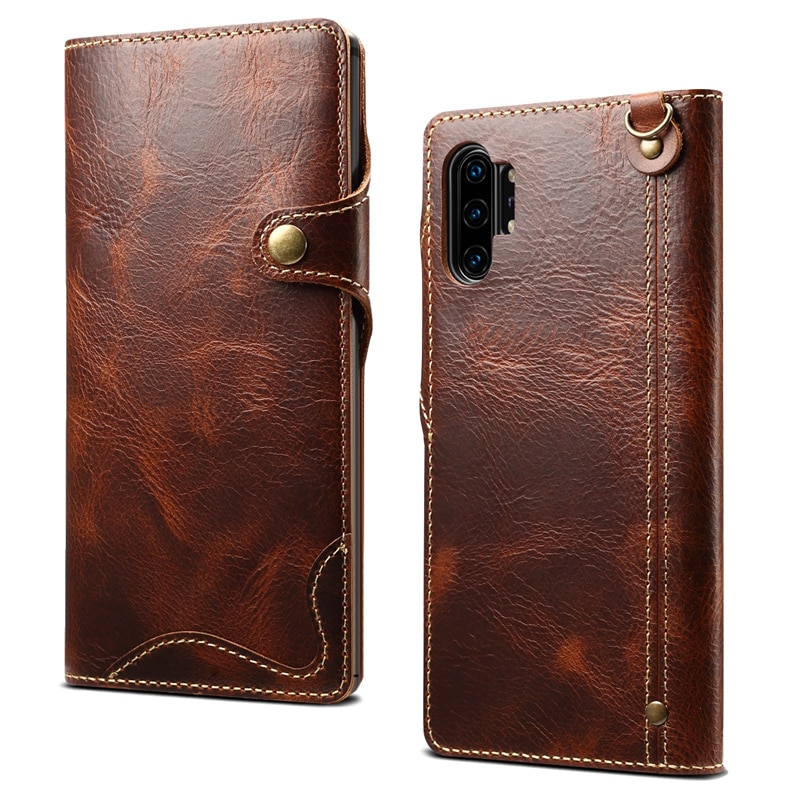 Case Samsung Galaxy Note 10+ #เคสฝาพับหนังแท้พร้อมสายคล้อง Genuine Wallet Leather Phone Cover with Lanyard