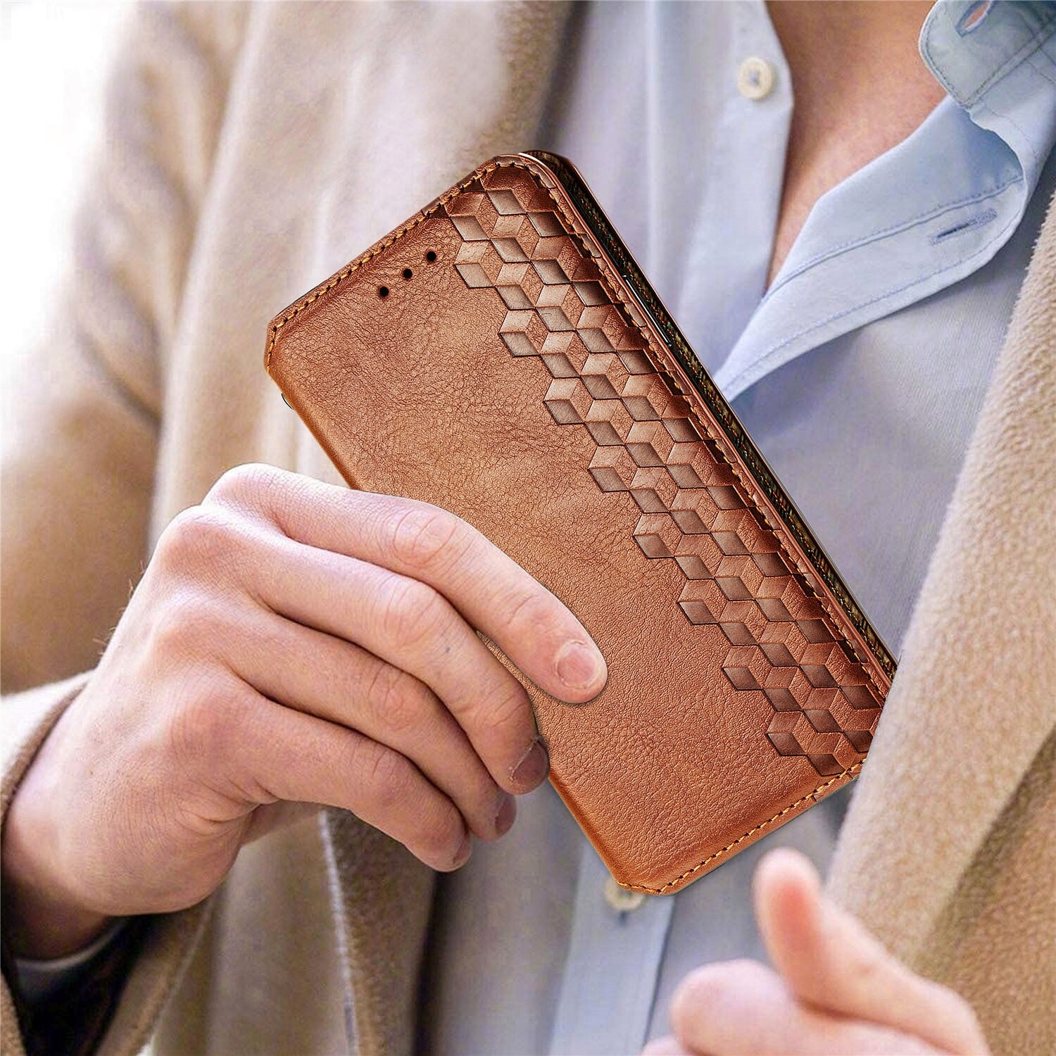 เคส Samsung Galaxy S21 Ultra #เคสฝาพับแบบกระเป๋าสตางค์ Magnetic Flip Wallet Bracket Leather Lattice TPU Phone Case