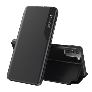 เคส Samsung Galaxy S21 FE 5G #เคสฝาพับเคลือบผิวหนัง PU มีช่องวิวด้านข้างพับวางตั้งได้ Smart Flip kickstand leather Cover
