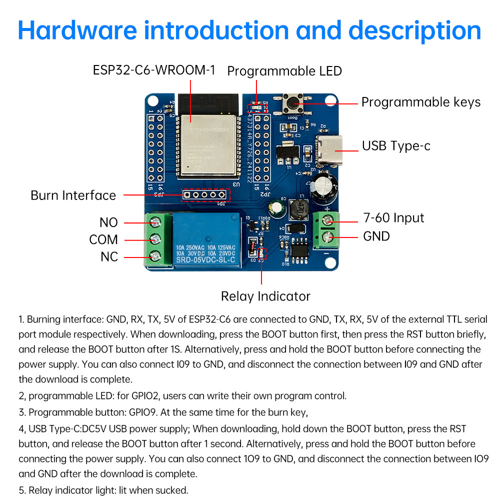 บอร์ด DC 5-60V Single Relay Module Onboard Esp32-C6 Wifi Bt Development Board Module Type C Interface