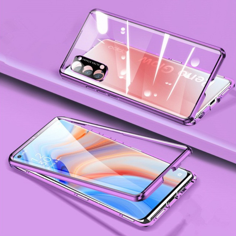 เคส OPPO Reno 5 Pro 5G #เคสกระจกขอบโลหะประกบแม่เหล็กหน้าหลังมีป้องกันเลนส์กล้อง Fully Protection Magnetic Adsorption Glass Metal Phone Protective Built-in Camera Protection