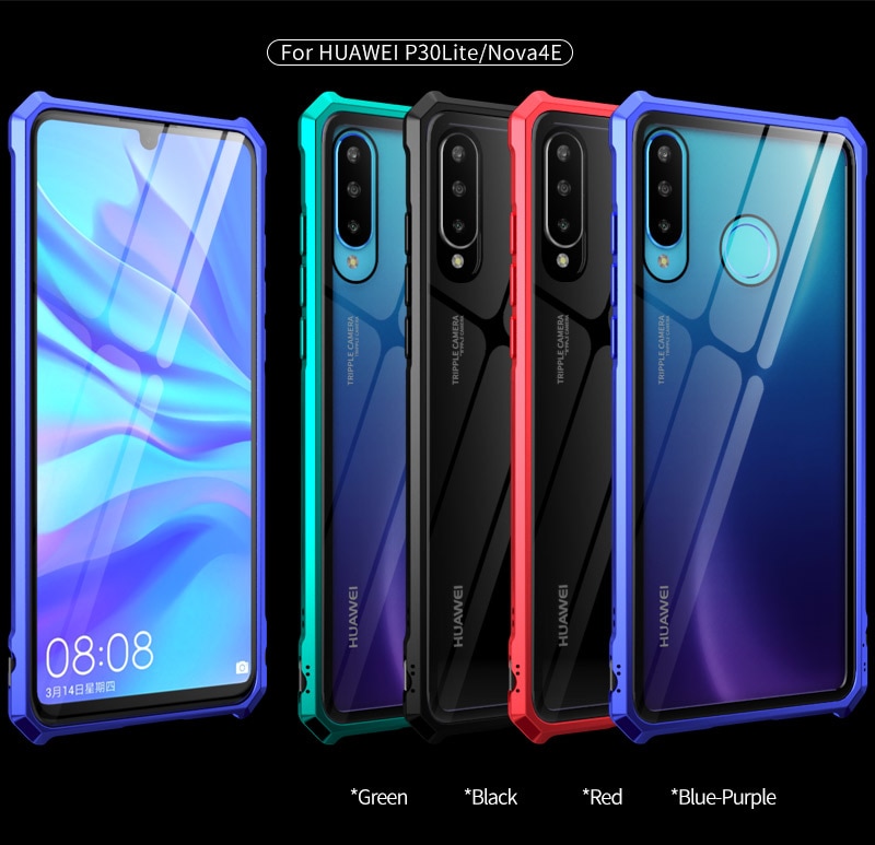 Case Huawei P30 Lite #เคสกรอบโลหะ + แผ่นหลังกระจก Metal Frame + Glass Back ไฮบริด Protector
